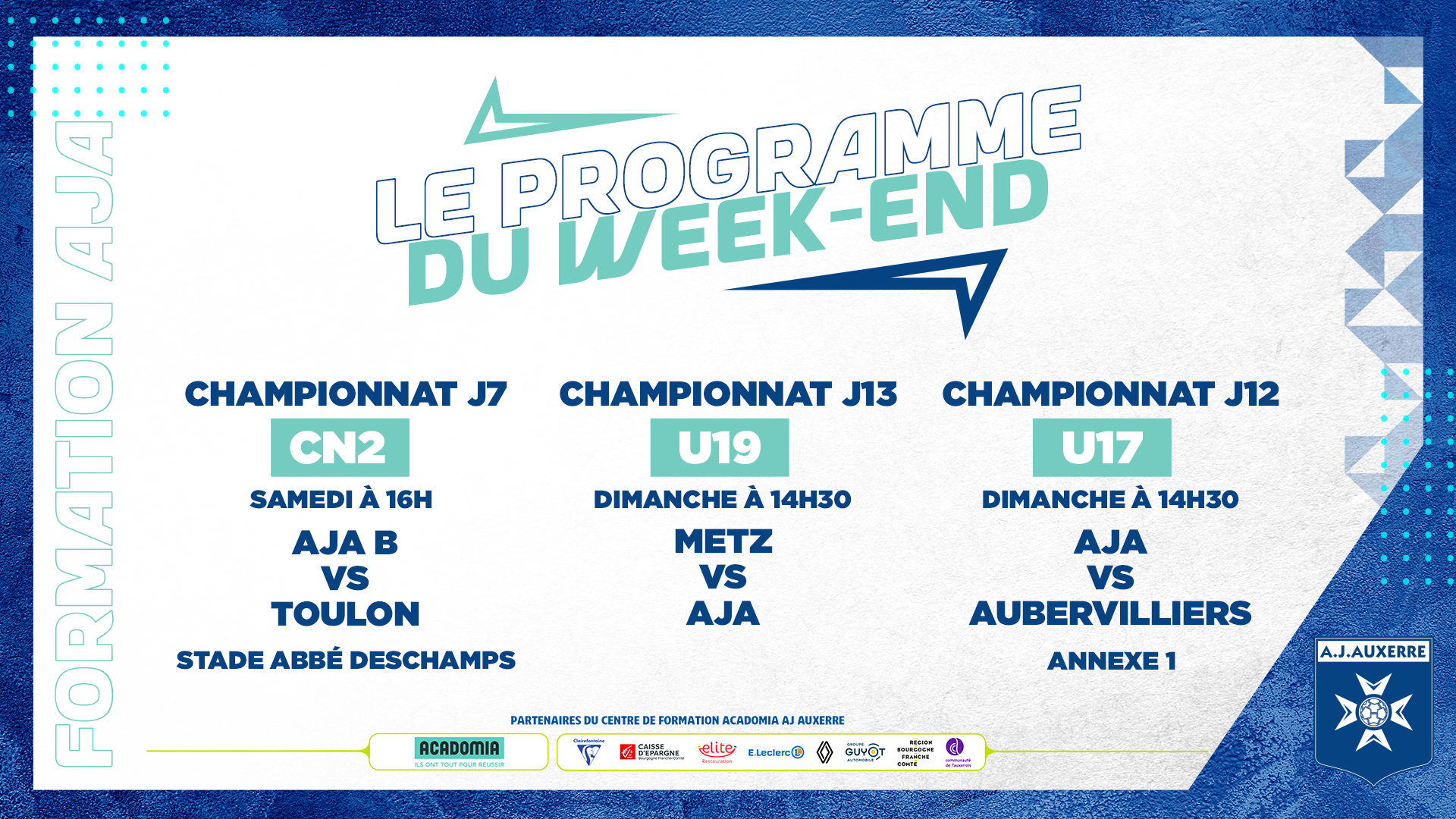 Le programme du week-end pour la Formation AJA