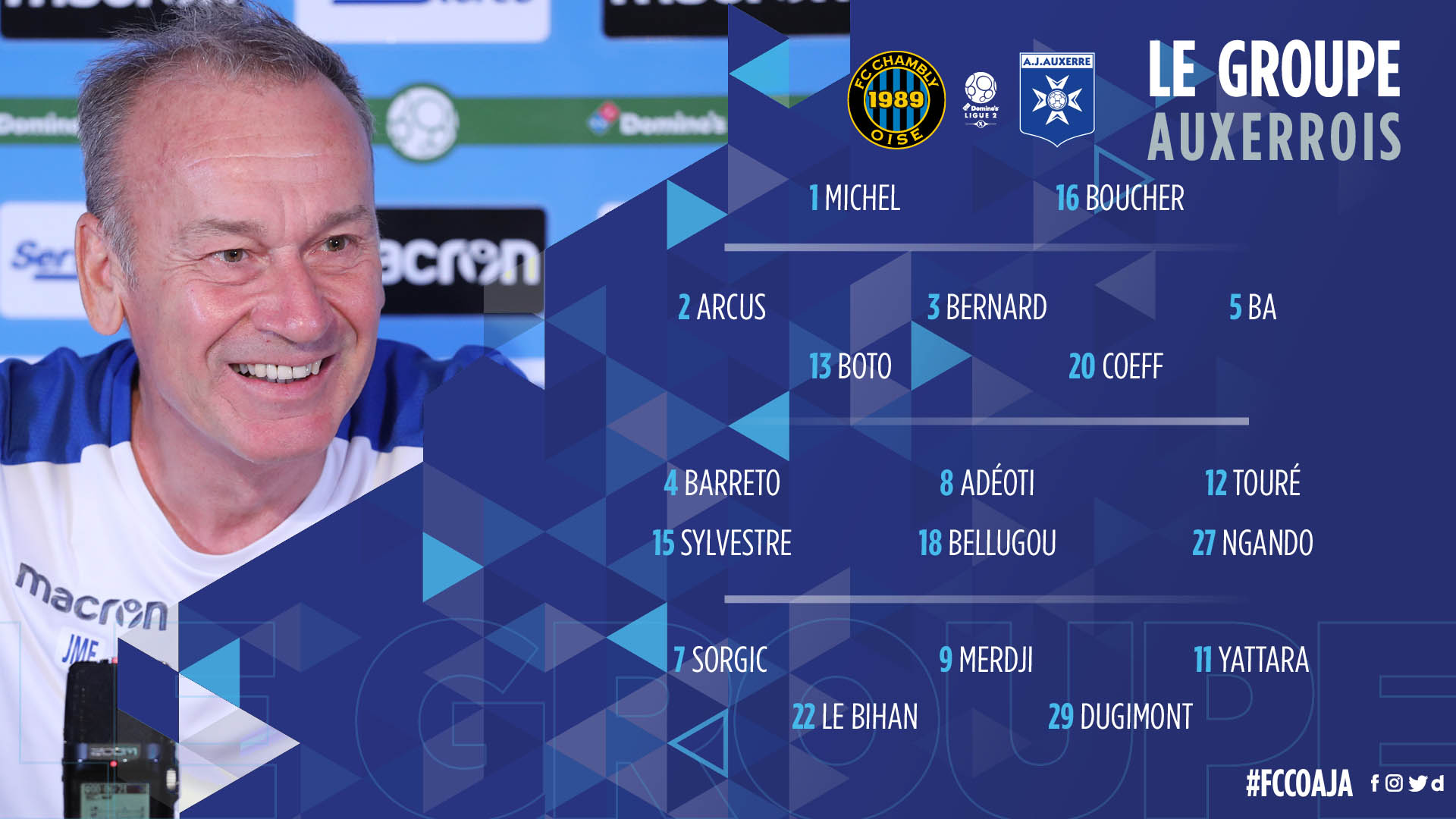 Le groupe de 18 joueurs pour Chambly-Auxerre