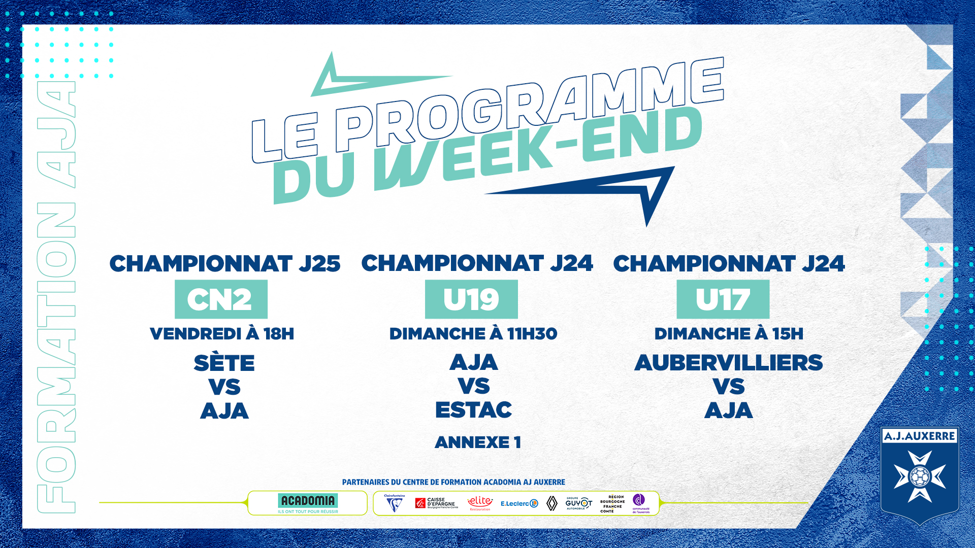 Le programme du week-end pour la Formation AJA