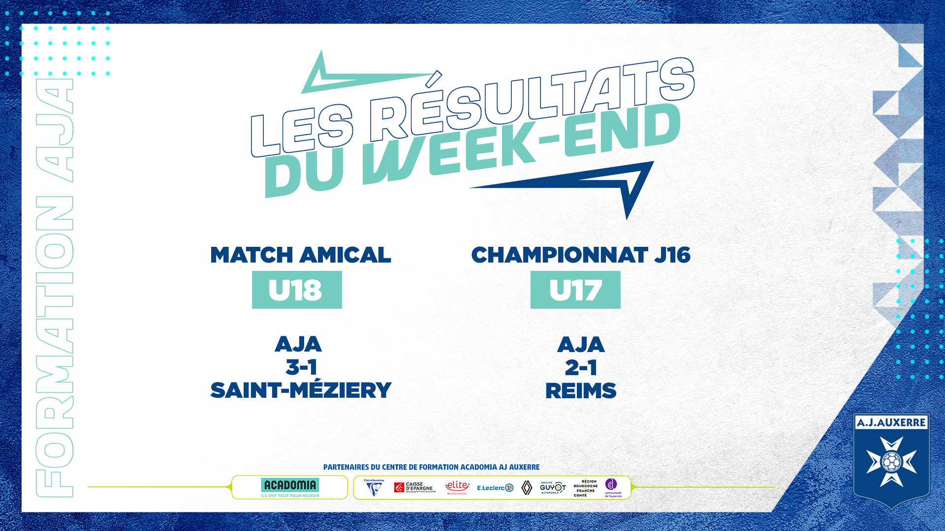 Les résultats du week-end pour la Formation AJA