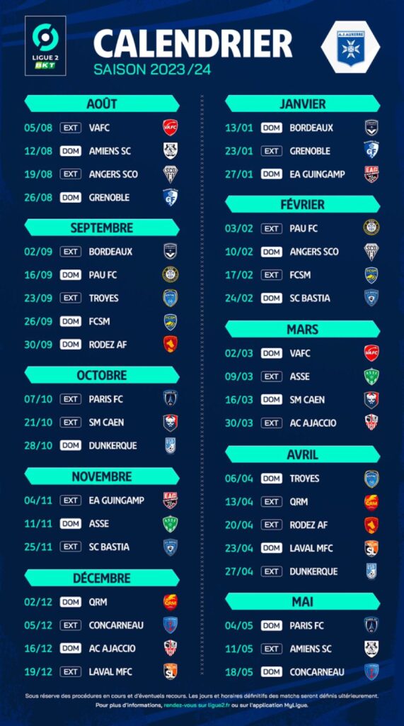 Le calendrier de l'AJA pour la saison 2023-2024